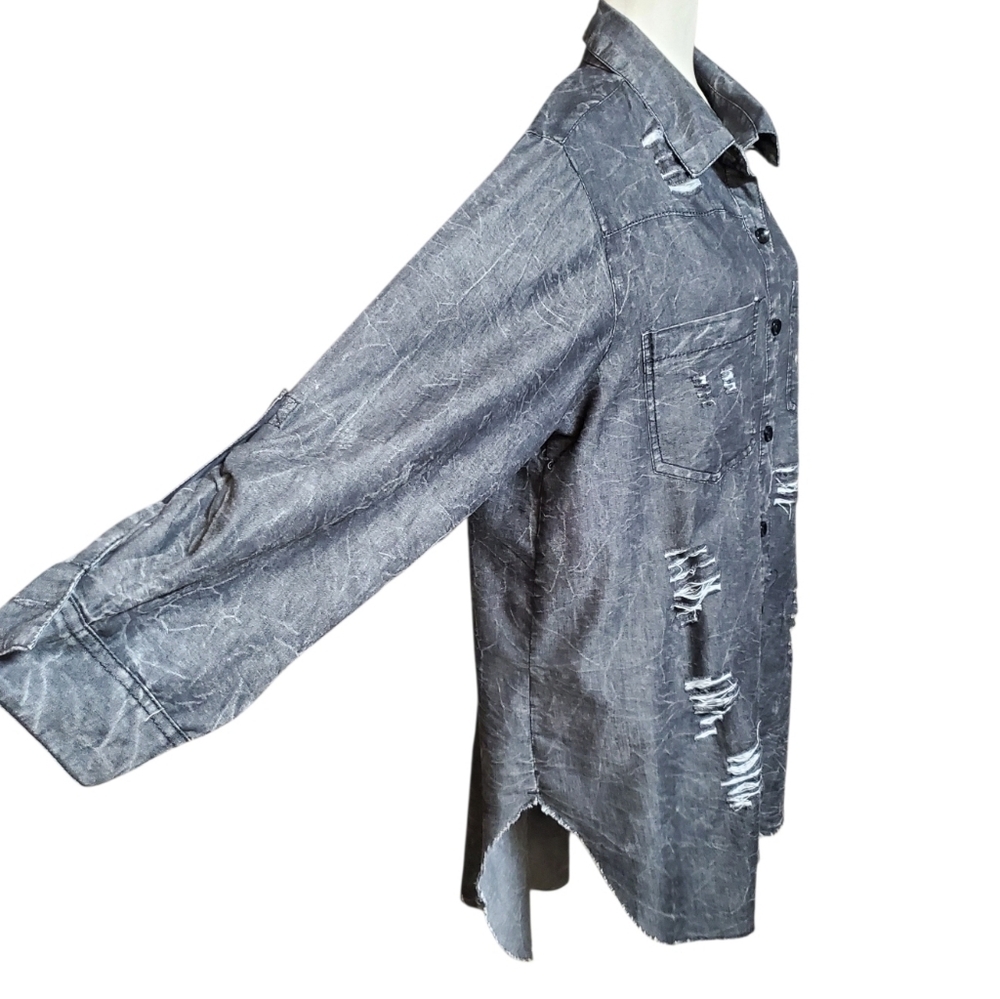 Thrill Jeans Distressed Shirt Women's Size 2X Black Dark Wash Hi Low Raw Hem - Picture 4 of 13